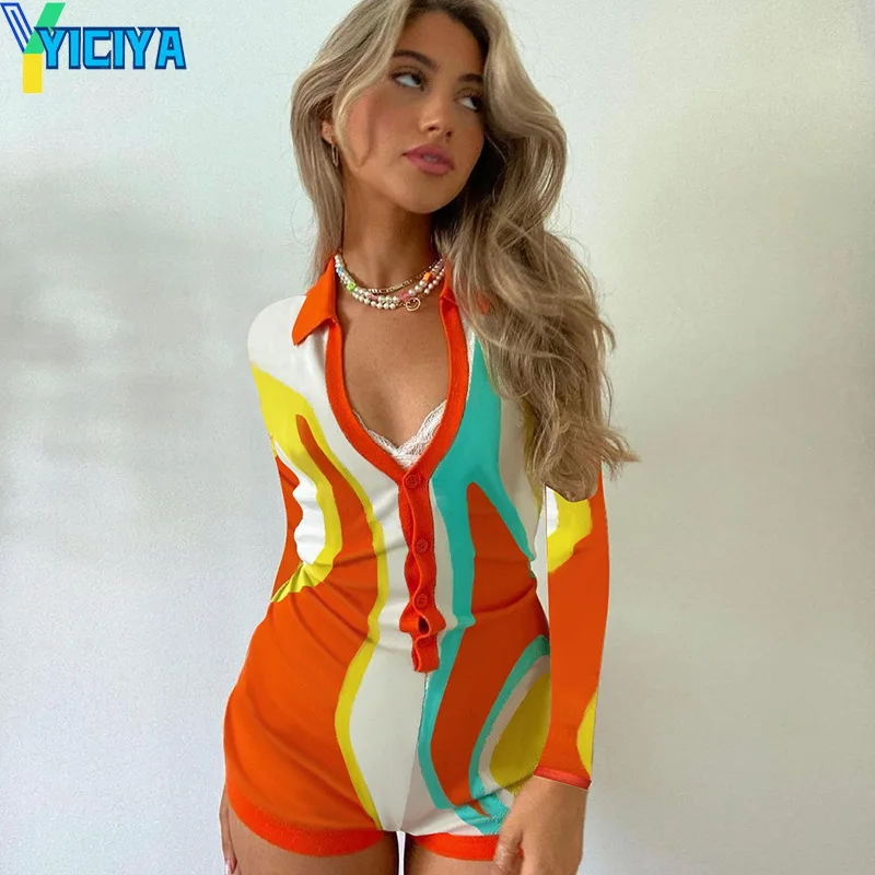 

Vintage Bodycon Bodysuit Polyester Print Jumpsuits Y2K 90s V Neck Sleeveless Bodysuit Short Pants Woman Button Up Chic Playsuits