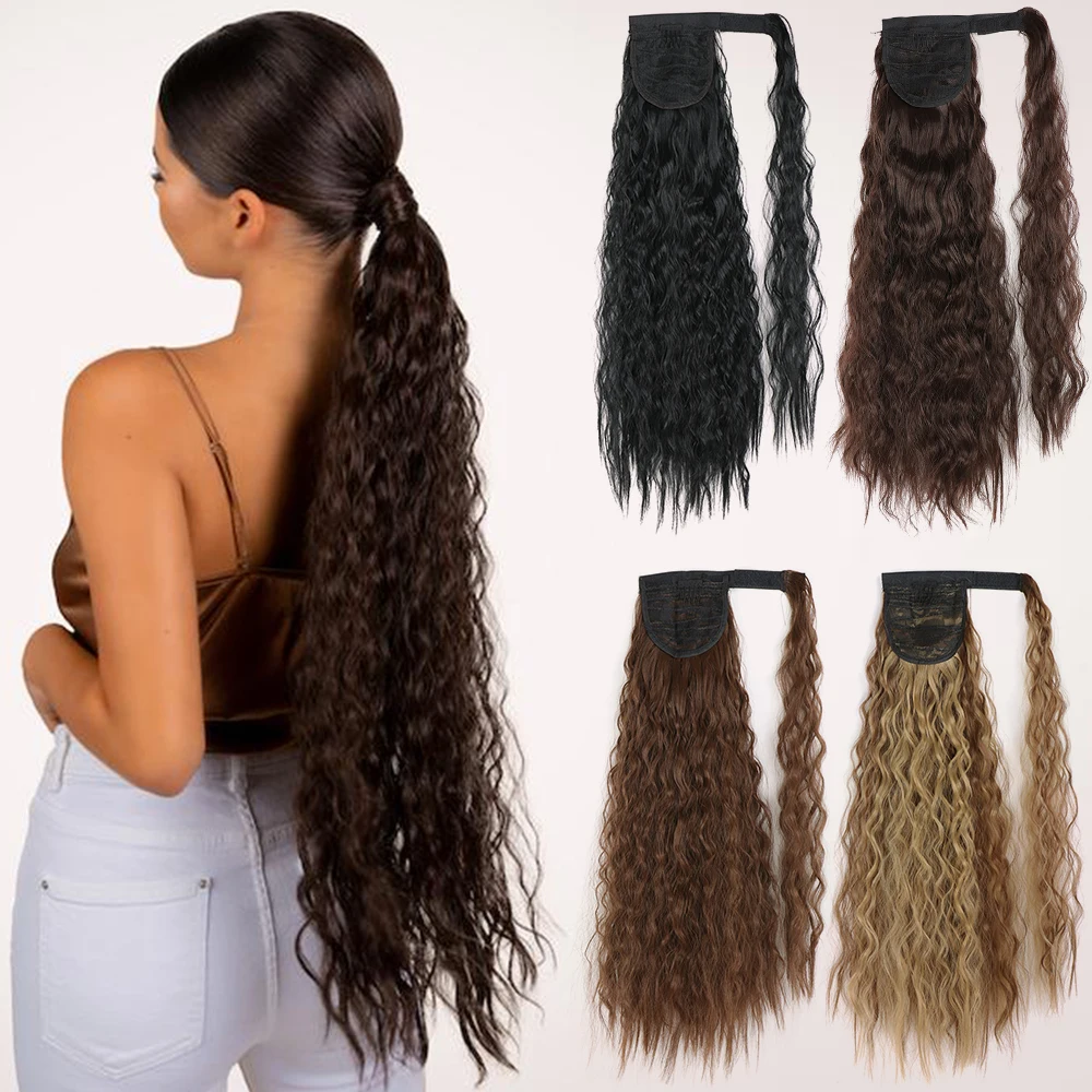 Synthetic Long Corn Wavy Ponytail Hairpiece Wrap on Hair Clip Ombre Brown Blonde Hair Extensions Pony Tail
