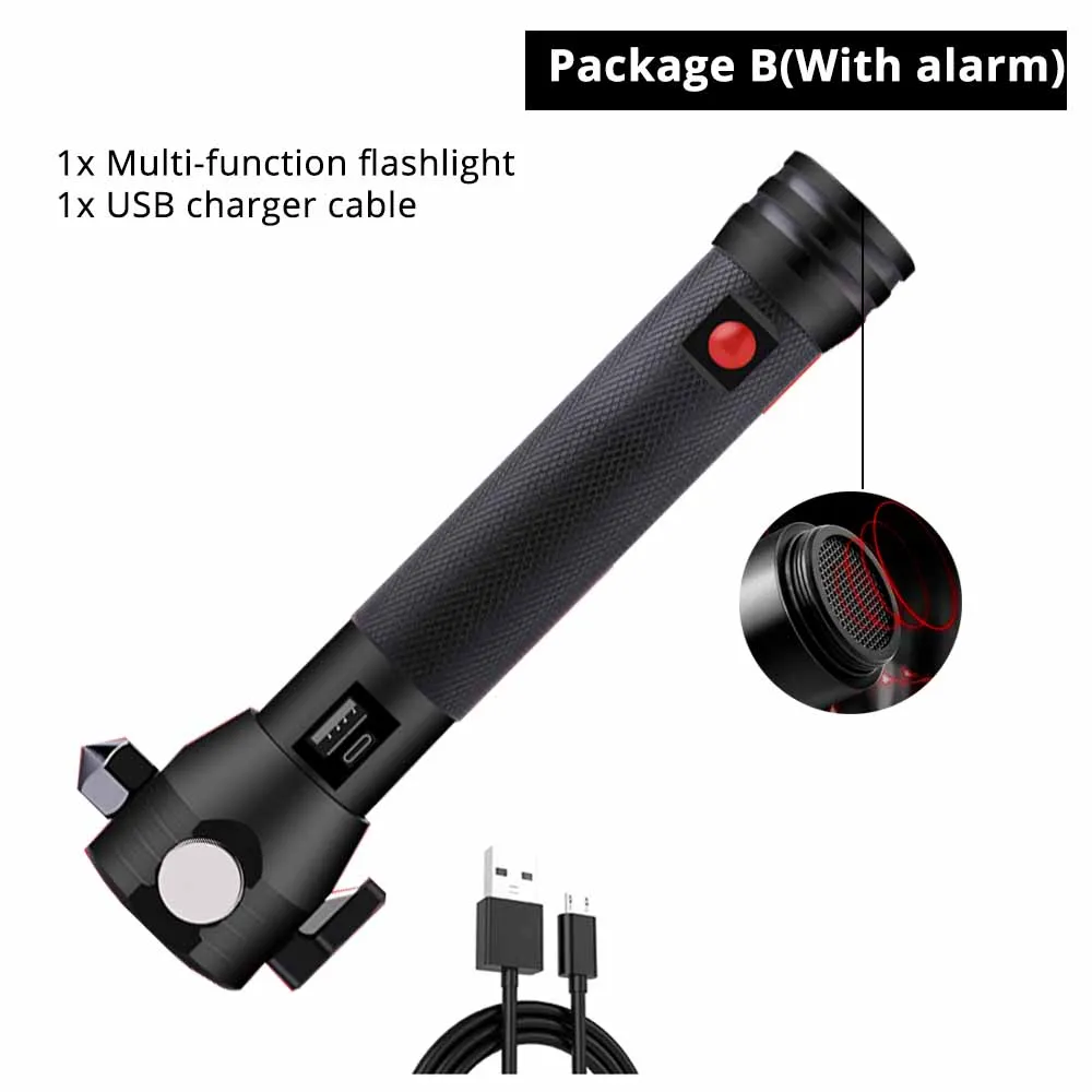 With alarm B USB Перезаряжаемый со светодиодным фонариком на солнечной батарее многофункциональный аварийный фонарик молоток безопасности мобильный компас питания для активного отдыха - Испускаемый цвет: With alarm B