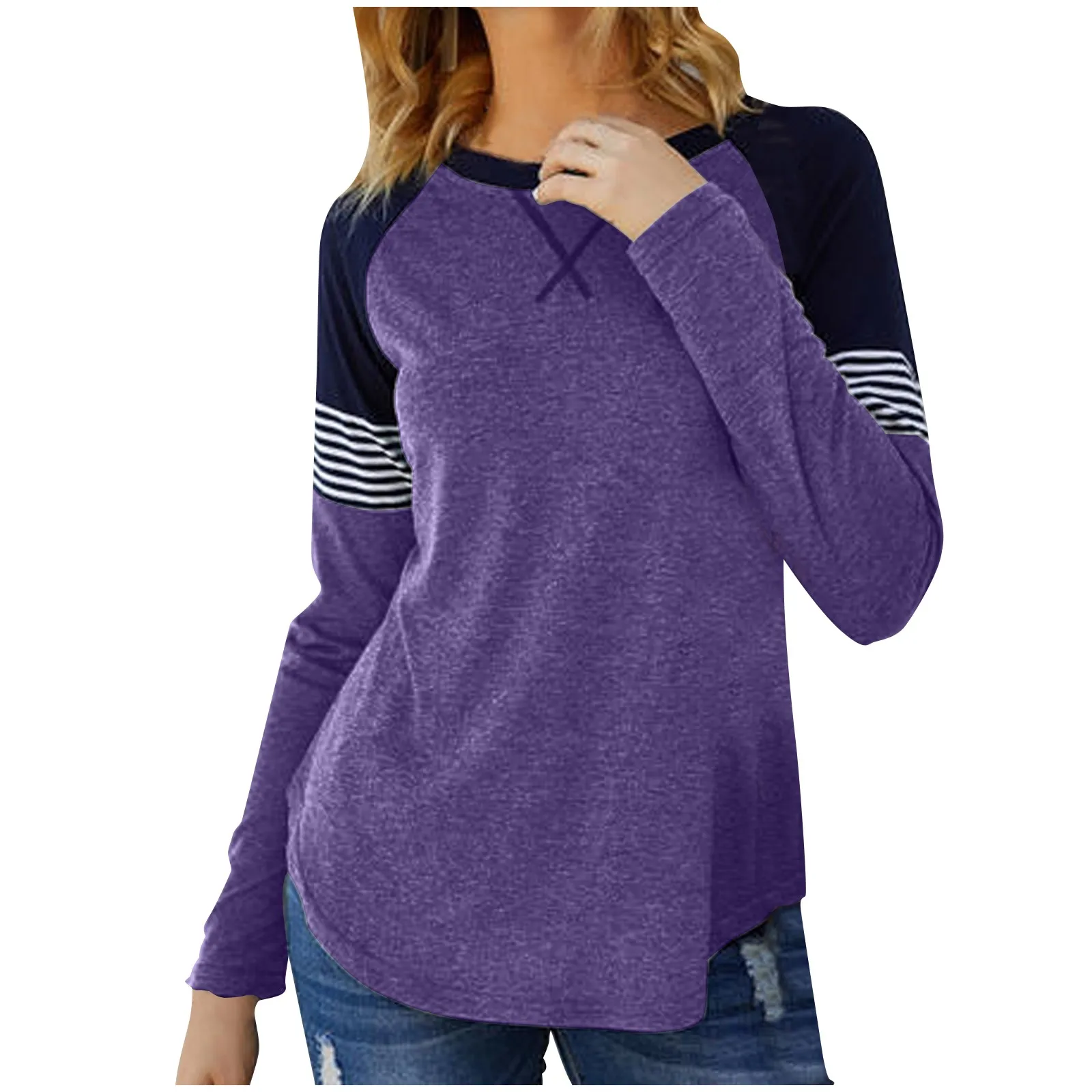 

Women Shirts Blouses Autumn Women's Fashion Casual Color Block Round Neck Long Sleeve Loose Pullover Tops