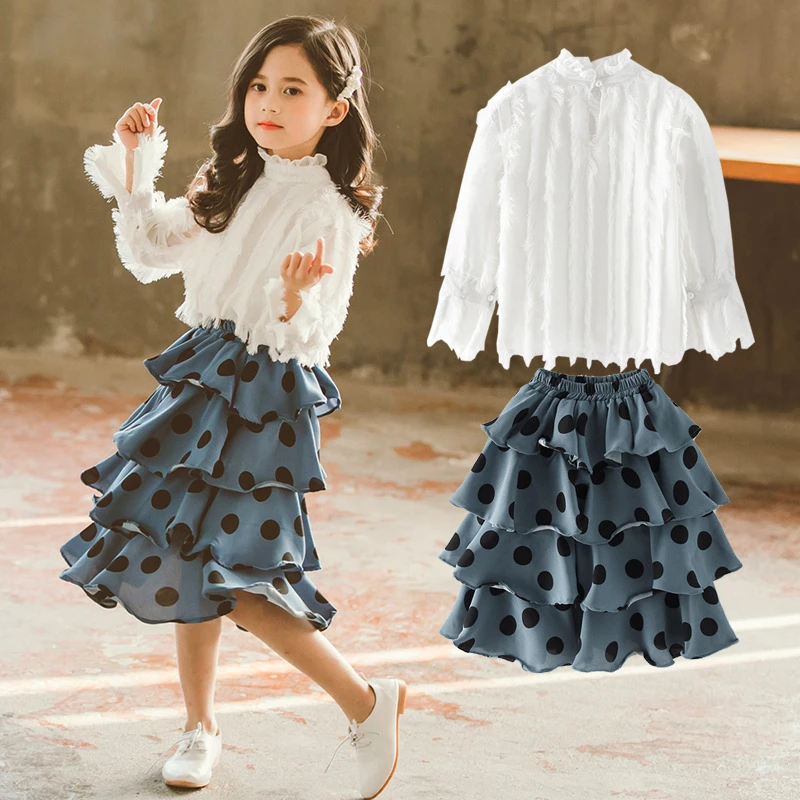 Модная детская одежда топ с бахромой для девочек рубашка + юбка в горошек