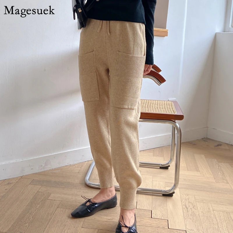 

Loose Autumn Winter Pants Women High Waist Pockets Knit Cotton Harem Pants Women Drawstring Elastic Waist Casual Trousers 12235