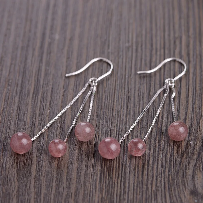 Женские серьги кисточки с бусинами из серебра 925 пробы натуральным клубничным