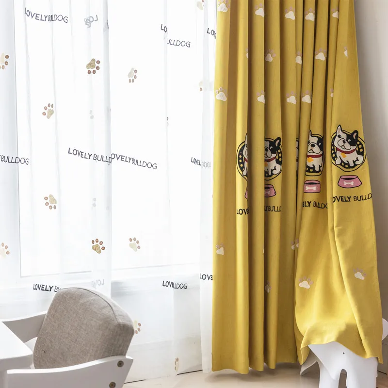Занавеска С мультяшной собакой из хлопка и льна Затемняющая занавеска с вышивкой