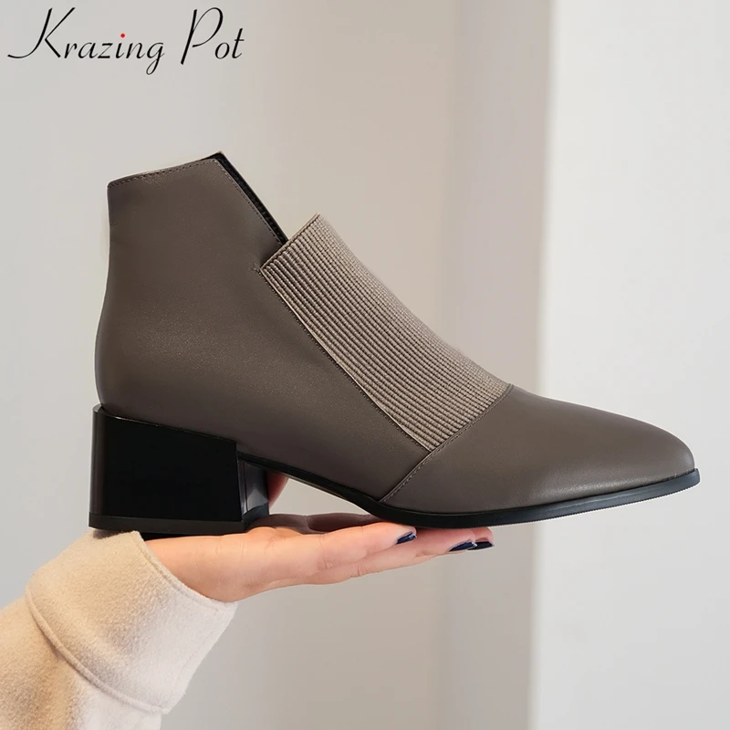 

Krazing Pot/зимние ботинки суперзвезды из натуральной кожи на среднем квадратном каблуке; Брендовые ботильоны под платье с мехом; L69