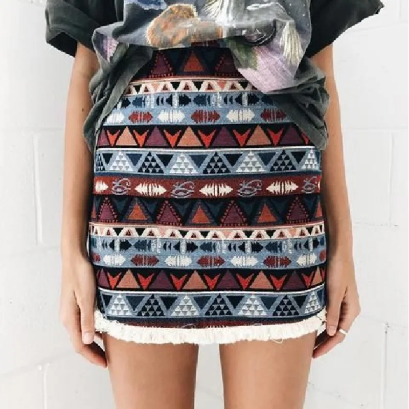 

Chu Sau Beauty New Women Chic Ethnic Style Half Skirt Fashion Print Mini Skirt With Fringe Decoration Casual All-Match Style