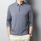 Мужская футболка с длинным рукавом BROWON, осенняя деловая модная Однотонная футболка с отложным воротником, на молнии, с украшением