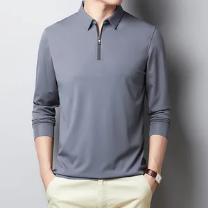 Мужская футболка с длинным рукавом BROWON, осенняя деловая модная Однотонная футболка с отложным воротником, на молнии, с украшением