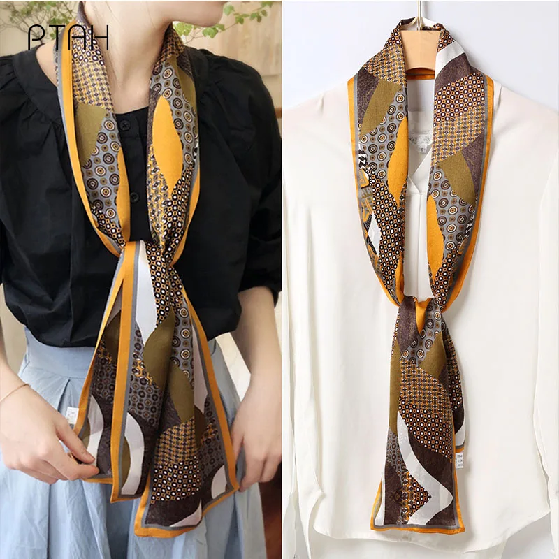 

[PTAH] Autumn Silk Scarves Women Temperament 100% Mulberry Silk Length Neckerchief Softer Ladies Scarves High Quality 145*16cm