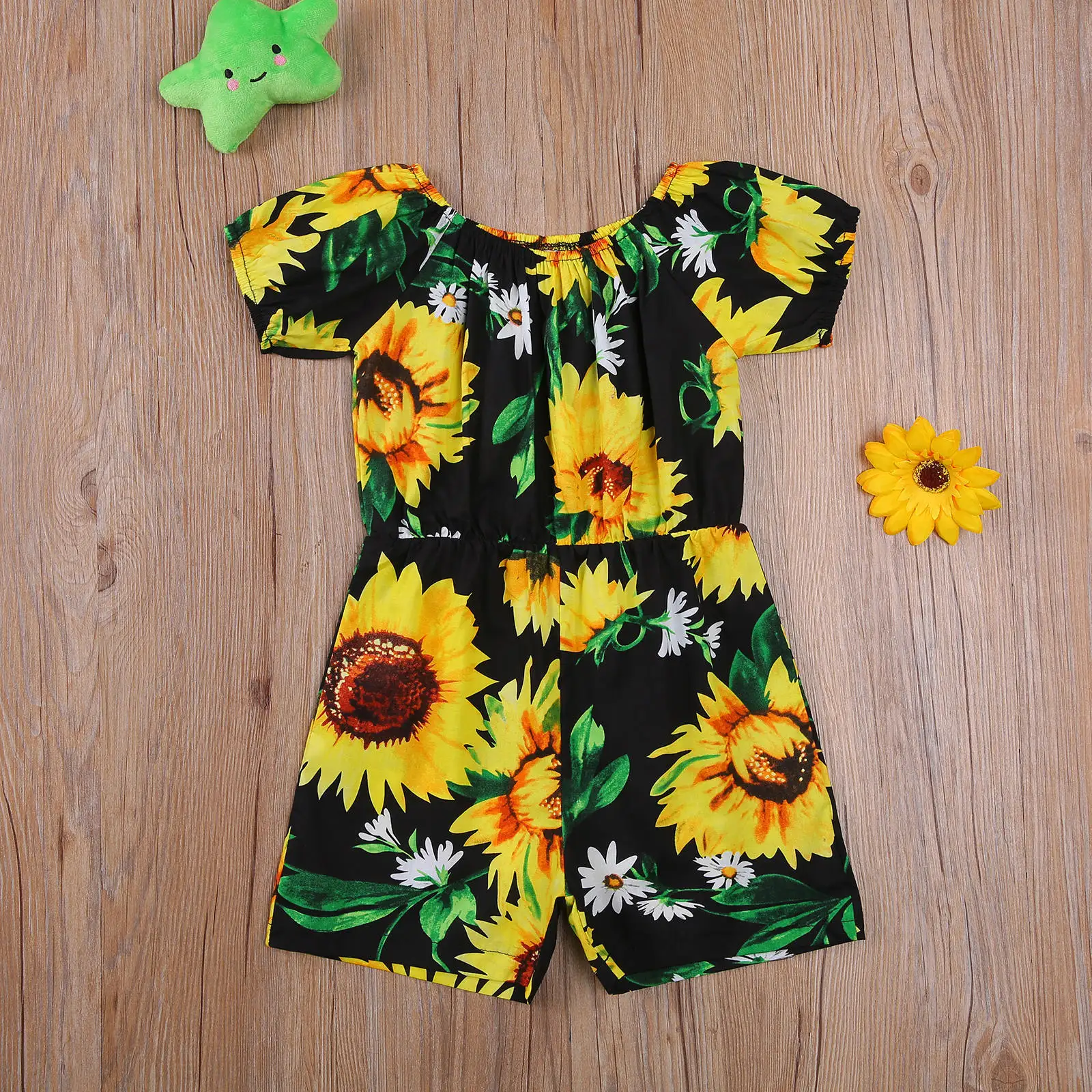 

Комбинезоны с открытыми плечами для девочек, милый комбинезон с короткими рукавами и принтом подсолнухов, шорты с эластичной талией