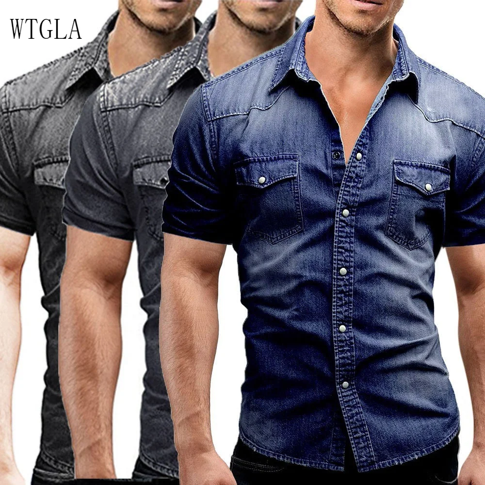 

2021 British Style Men's Shirt Casual Slim Fit Button Shirt With Pocket Short Sleeve Tops Turndown Collar Fashion Blouse