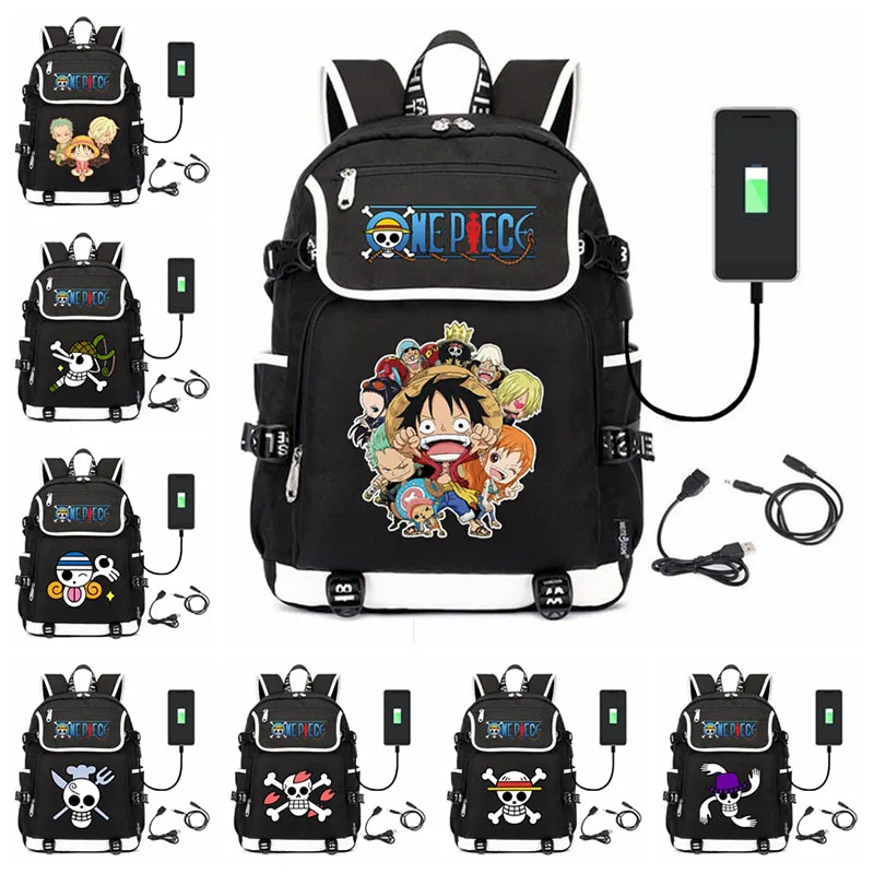 Bolsa de Escola com Impressão Peça o Chapéu Anime Mochilas Estudante Carregamento Uma Palha Piratas Portátil Mochila Viagem Ocasional Usb