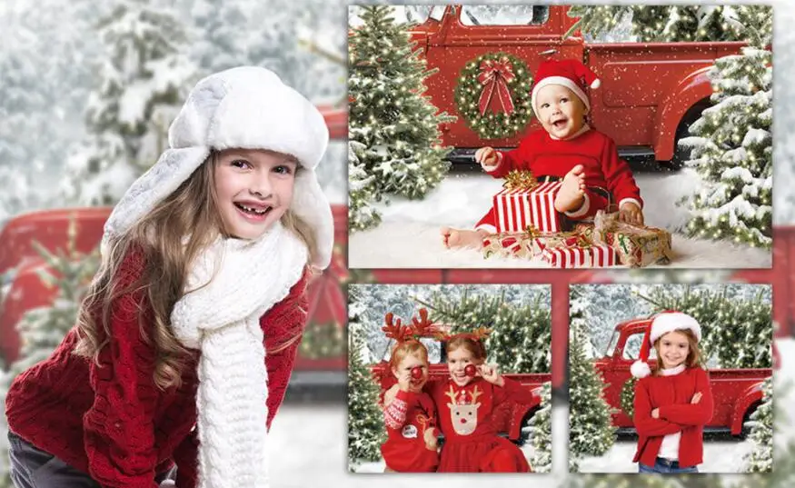 Рождественский красный грузовик автомобиль фотография Фон зимний Снежный