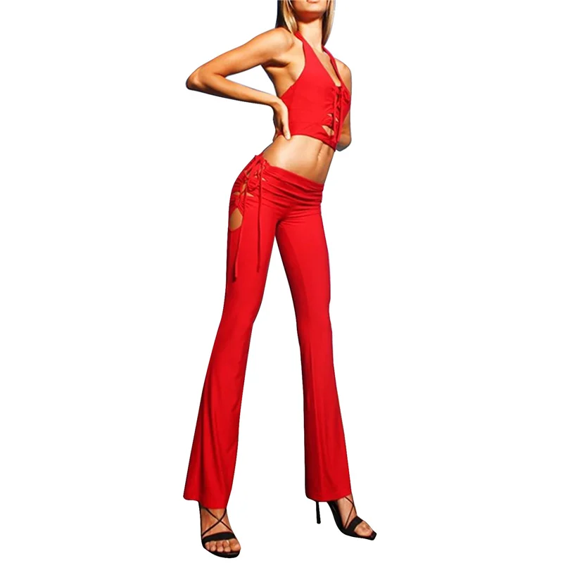 

Ladies Halter Top Low Waist Pants Set Girl's Backless Hollow Tie Casual Suit Sexy Solid Color Two-pieces Set Women Clothes Set