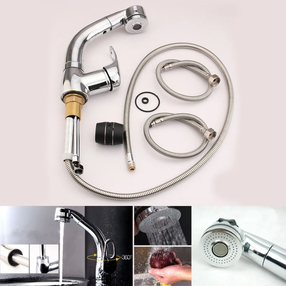 

Pull Out Flexible Spray Kitchen Basin Sink Mixer Tap 360Rotation Spout Faucet Chrome Hot And Cold Deck Mounted Bathroom Faucet
