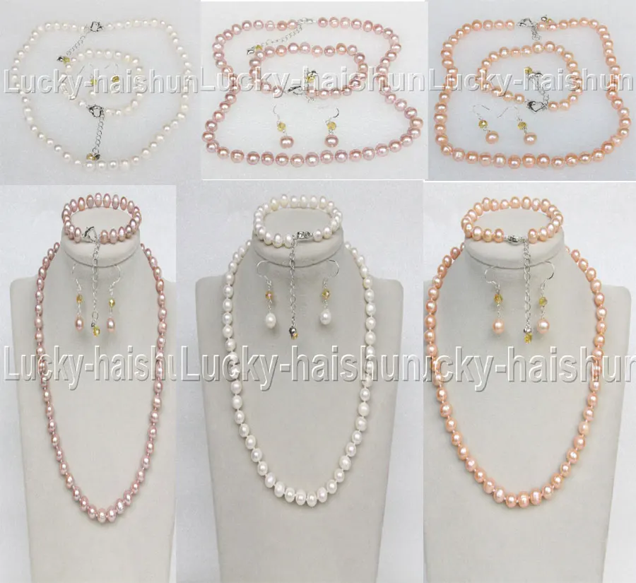 

JQHS natural adjustable 18"-20" 9mm pink white purple pearls necklace bracelet Earrings set j11663-5