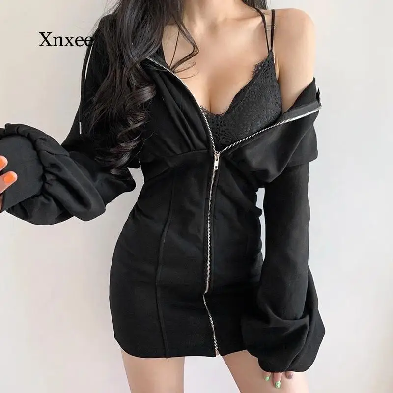 

Sexy Fashion V Neck Hooded Long Sleeves Mini Dress Casual Solid Color Zipper Slim Dress Elegant Streetwear Style Women's Dresses