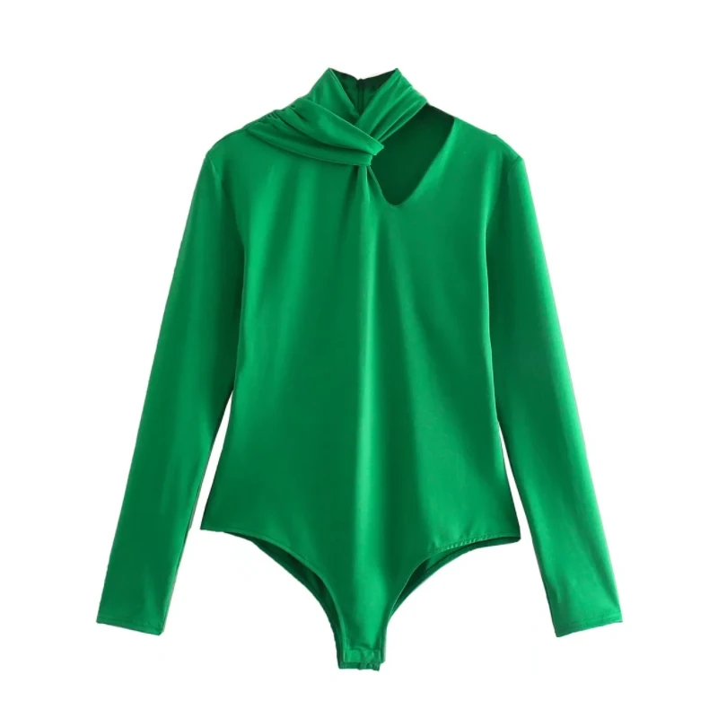 

Hot Sale Women Twist Knot Hollow Design Stand Collar Knitted Bodysuits Casual Female Long Sleeve Slim Tops T1566