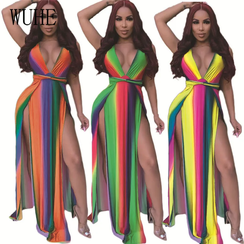 

Платье в радужную полоску KEXU, пикантное повседневное вечернее платье с разрезом сбоку, с глубоким V-образным вырезом, без рукавов, без бретел...