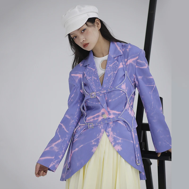 [EAM] Женский блейзер свободного покроя с синим принтом отворотом длинным рукавом