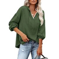womens spring and autumn plus size hooded sweater solid color v neck lace elegant casual long sleeved wild korean pullover5xl
