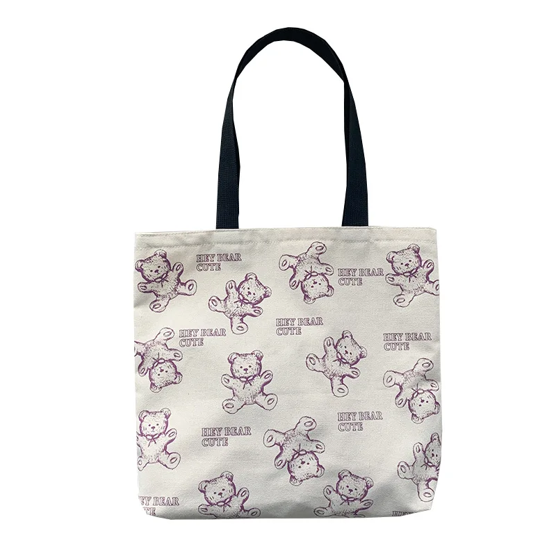 

Large Canvas Tote Shoulder Bag Cartoon Bear Cotton Cloth Eco Reusable Shopping Bag for Women 2021 Beach Handbags Shopper Bags