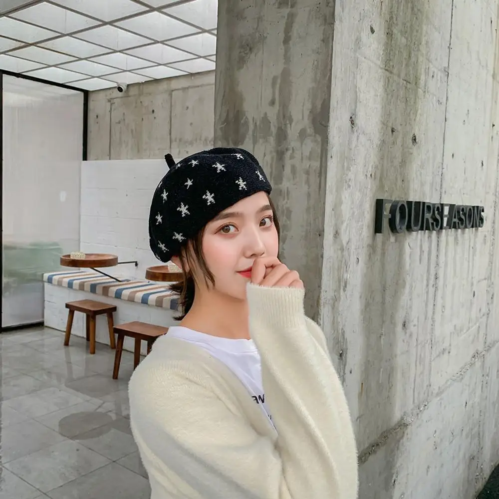 Вышивка звезды мода берет осень зима женский картина головной убор художника