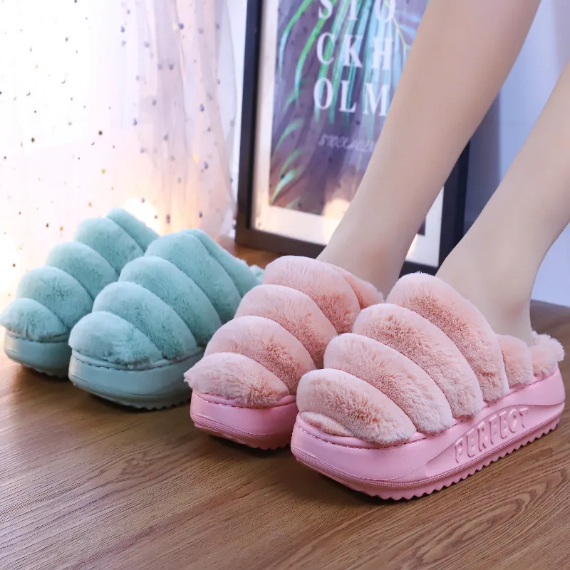 Womens Furry slippers Fashion Platform shoes Autumn Winter Anti-skid Warm Fur For Indoor Home Slippers Dropshopping