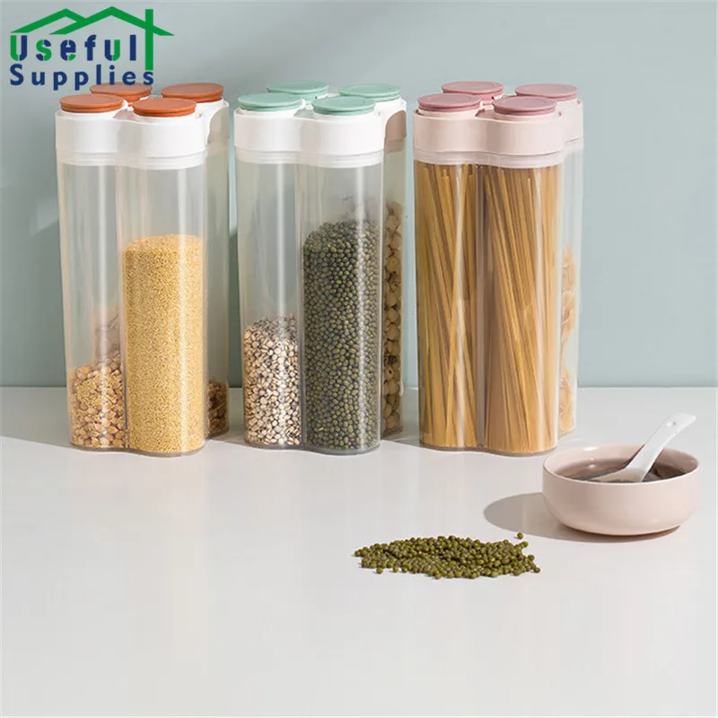 

4 Grids Transparent Large-capacity Grain Village Storage Plastic Canisters for Kitchen Kit Food Containers Jars for Bulk Cereals