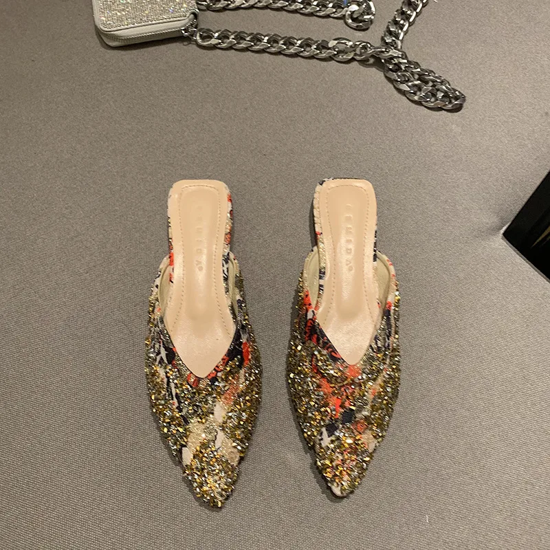 

Sequined Mules Shoes Women Summer Half Slippers Pointed Toe 2021 New Female Casual Shoes Slip On Slippers Mules Shoes Flats