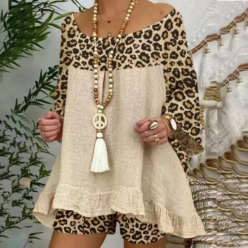 

Summer Vintage Leopard 3/4 Sleeve Patchwork Outfits Set Cotton Linen Shirt Tops And Loose Shorts Suit Casual Women Two Piece Set