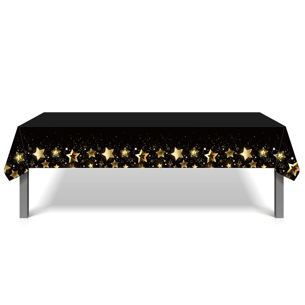 

130*220cm PE 2022 Black Gold Stars Happy New Year Birthday Party Disposable Tablecloths Tablecovers Cheers Party Decorations