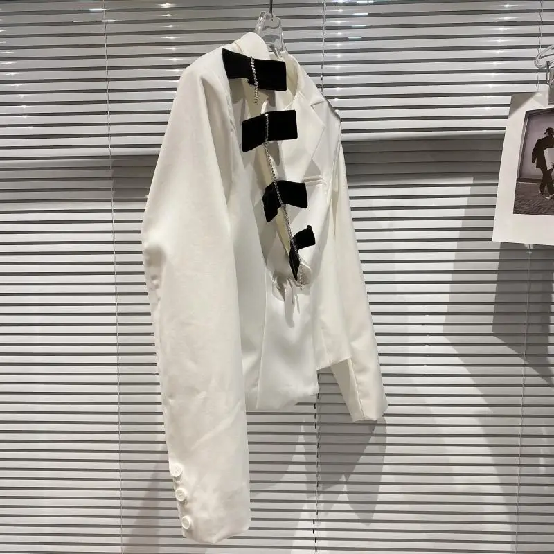 

2021 Spring New Fashion Rhinestone Chain Bow Decoration Blazer for Women Solid Color Long-Sleeve Short Suit Coat Jacket