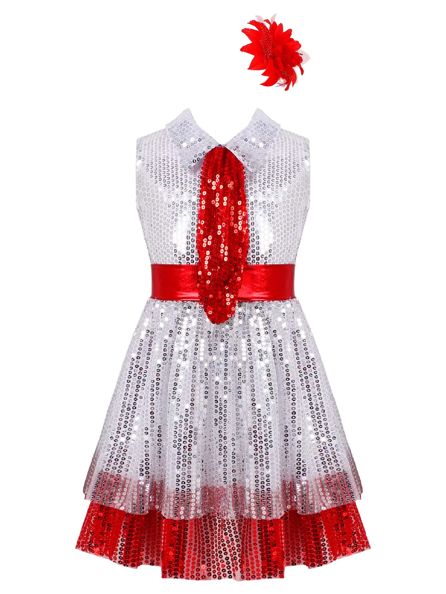 

Детское стильное танцевальное платье для девочек, платье без рукавов с отложным воротником, украшенное блестками, танцевальное платье на м...