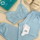 Модный однотонный атласный шелковый халат с бюстгальтером, сексуальный пижамный комплект, женский домашний костюм для женщин, Весенняя пижама с длинным рукавом, одежда для сна