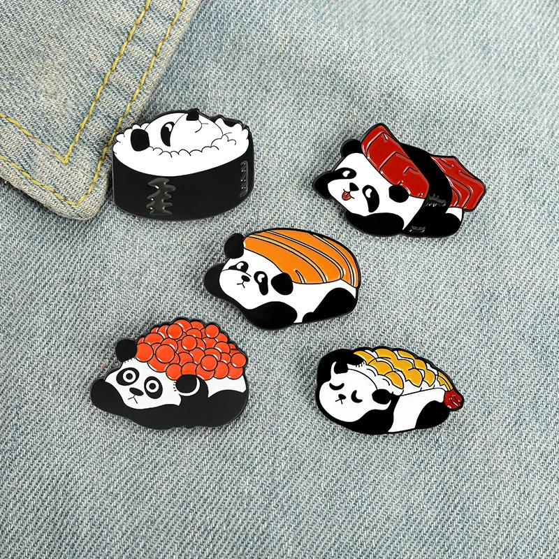 New Cute Cartoon Panda Sushi Metal Enamel Pin Denim Shirt Collar Lapel Pins Badges Brooches for Friends Kids Gift Animal Jewelry