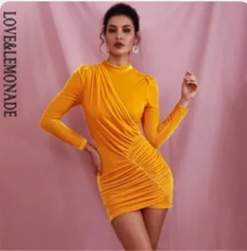 LOVE& LEMONADE, сексуальное темно-синее платье со стоячим воротником и рукавами, эластичное облегающее платье с гусиным пухом, вечерние мини-платья LM82166 - Цвет: YELLOW