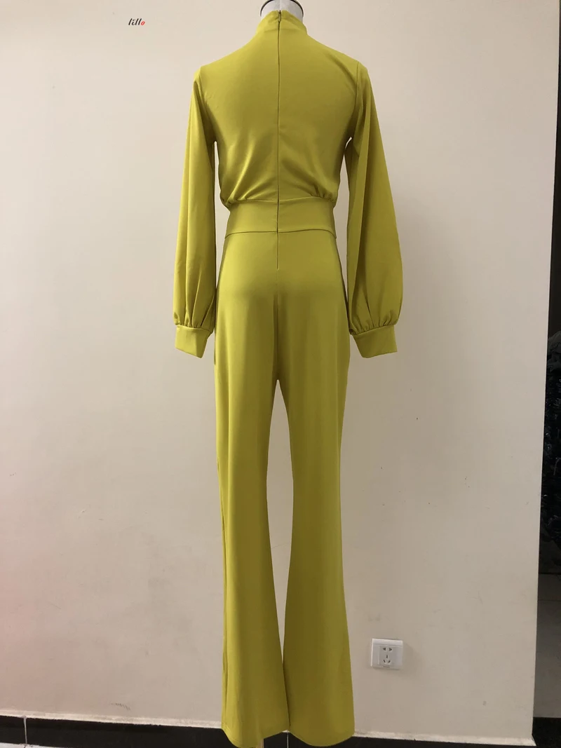 High Street Boot Cut Spring and summer new half-high collar lantern sleeves simple and elegant OL wind jumpsuit fashion temperam