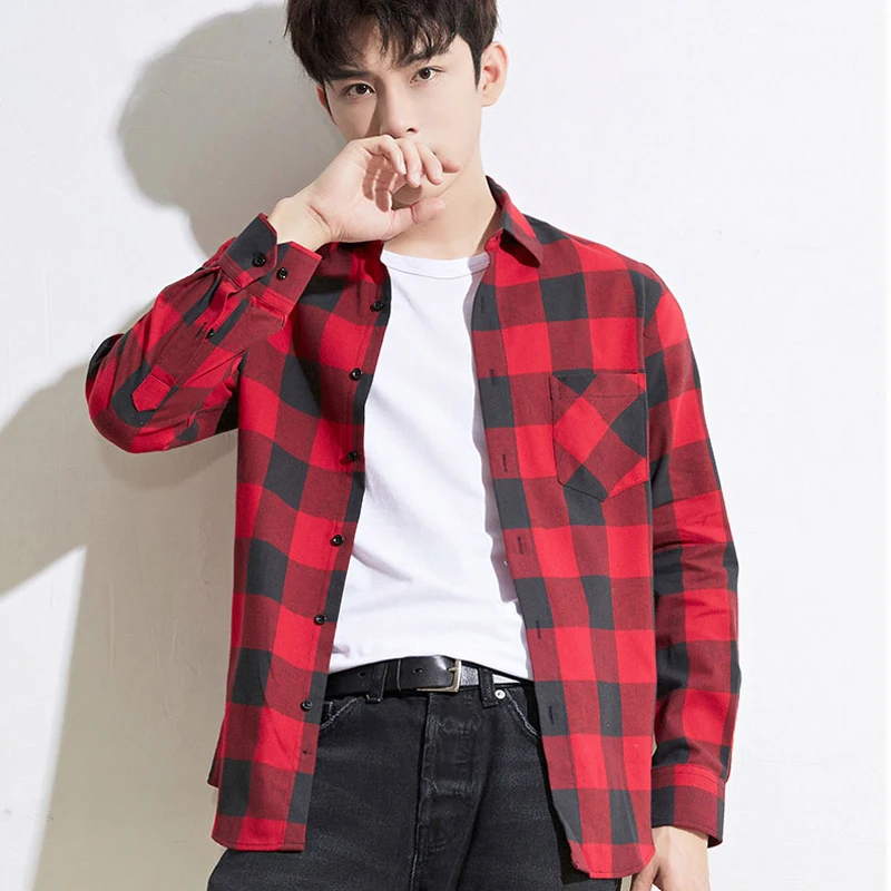 

Men's Fashion 100% Cotton Brushed Flannel Shirts Single Pocket Long Sleeve Slim-fit Youthful Soft Casual Plaid Checkered Shirt