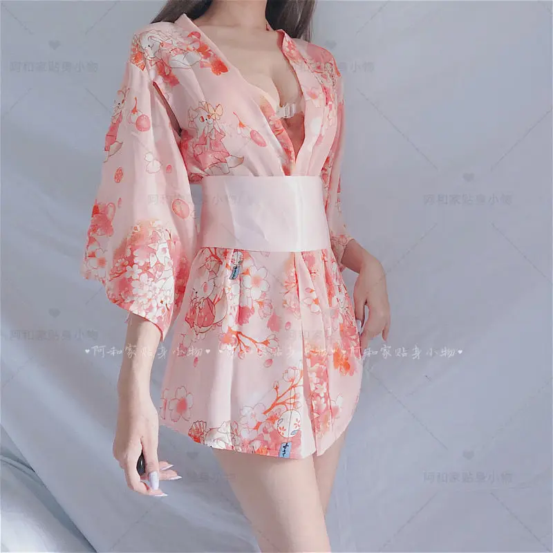 

Kimono Sexy Lingerie Cosplay Outfit for Women Traditional Style Robe Yukata Costumes Pajamas Soft Silk Belt 2pcs Set lenceria