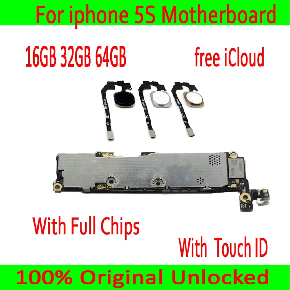 

for iPhone 5S Motherboard with Touch ID,100% Original unlocked for iphone 5S Mainboard with Free iCloud,Black White Gold