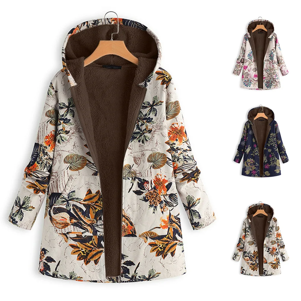 

Fashion Print Hood Quilted Coats Women Autumn Zipper Long Sleeve Women's Quilted Coats Loose White Casual Plus Velvet Top Woman
