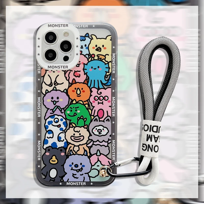 

Cute Cartoon Animal Monster Korea Phone Case For iPhone 12 11 Pro Max X Xs Max Xr 7 8 Plus Cases With Lanyard Soft TPU Cover