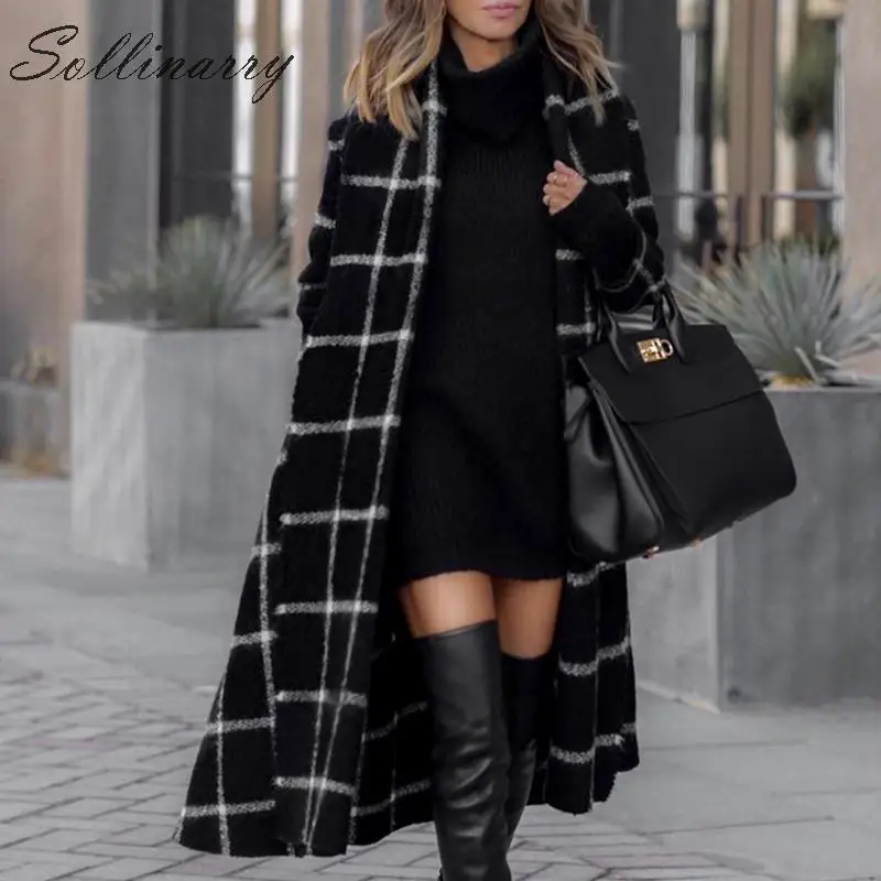 Sollinarry High Fashion Black Women Long Coats Trench Elegant Autumn Winter Hodded Sash Jacktes Female Casual Coat Outwear Plaid | Женская