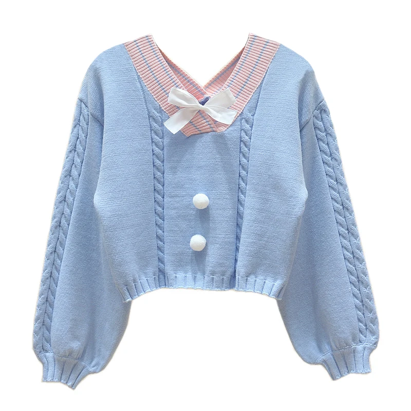 

Japan Style Pink White Knitted Sweater Women Harajuku Sweet V Neck with Bow Pullover Long Sleeve Knitwear Crop Tops Schoolgirl