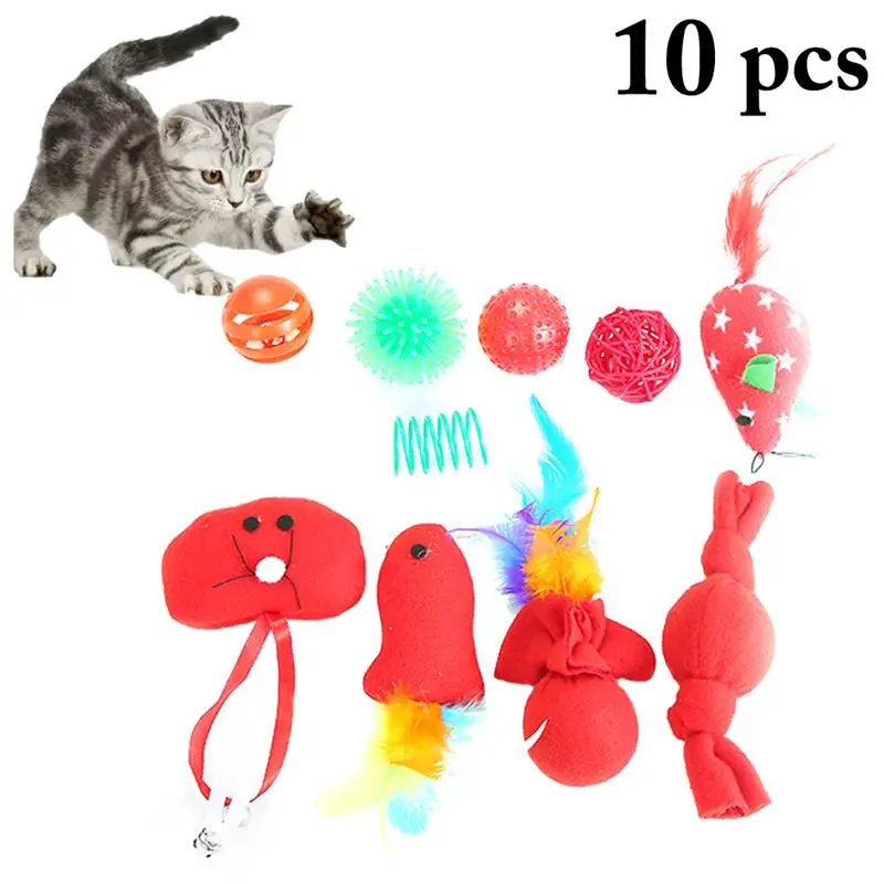 

10 PCS Christmas Pet Toys Set Interactive Cat Ball Toy Fake Mice Toy For Cat Teaser Chase Balls Plush Kitten Chewing Bite Toys
