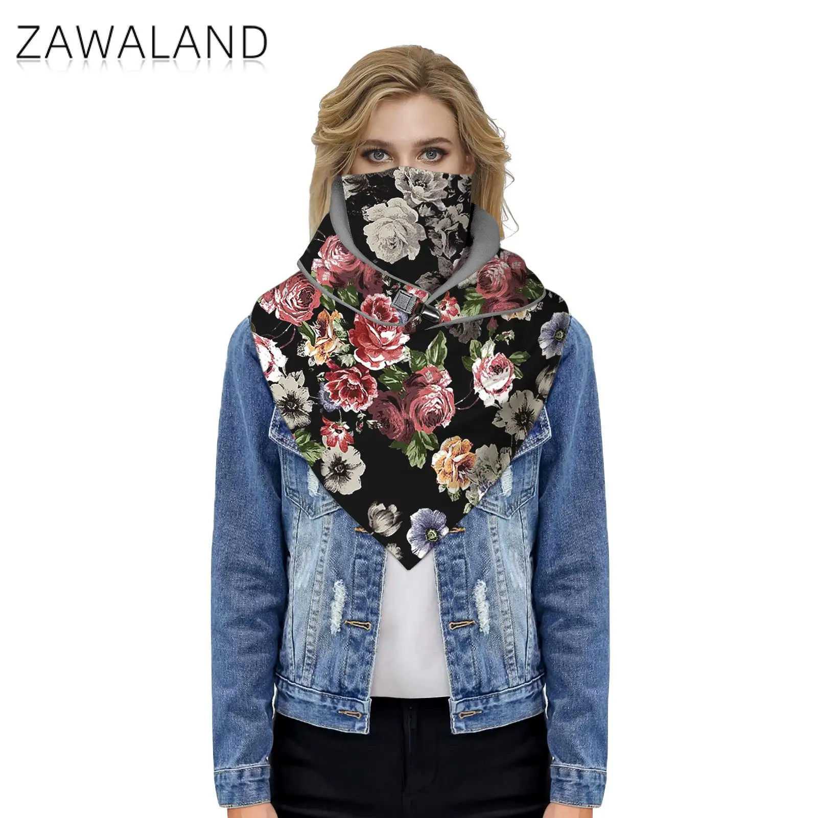 

Zawaland Women Winter Warms Blanket Shawls Fleece Triangle Scarf Wraps Floral Print Neckerchief Outdoor Windproof Scarves