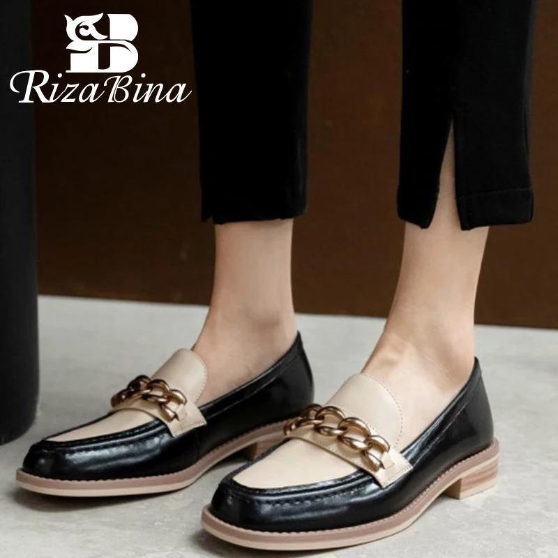 

RIZABINA New Women Flat Shoes Genuine Leather Mixed Color Shoes Women Fashion Elegant Shoes Women Party Footwear Size 34-39