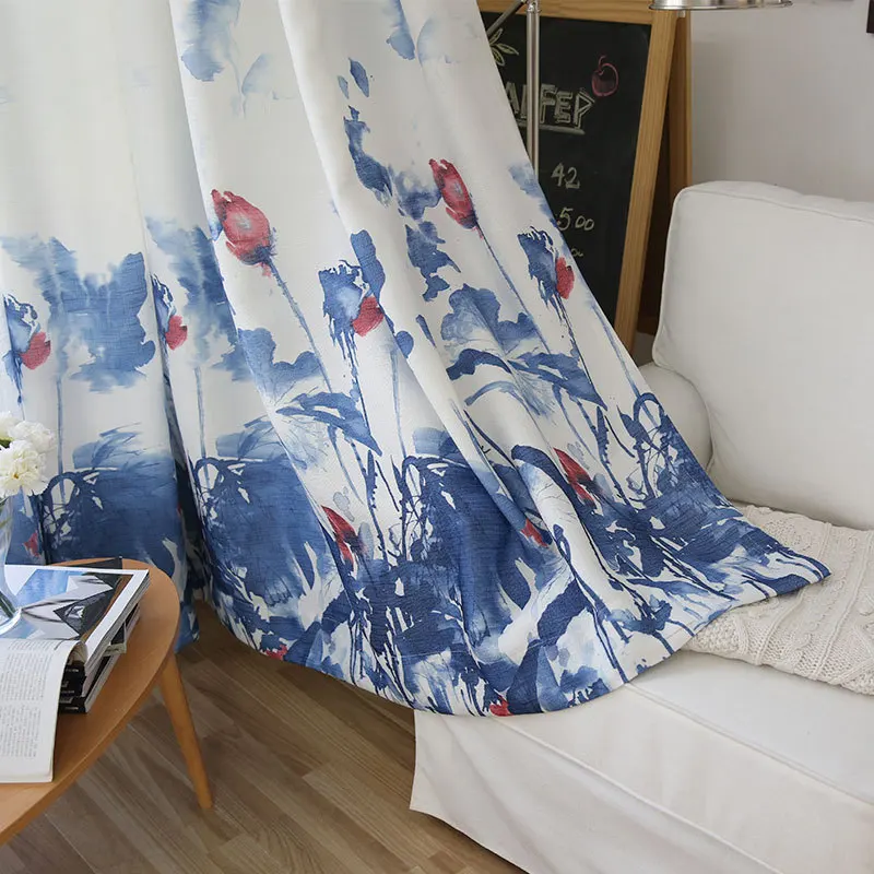 Шторы в китайском стиле с цветком лотоса для гостиной элегантные льняные Простые