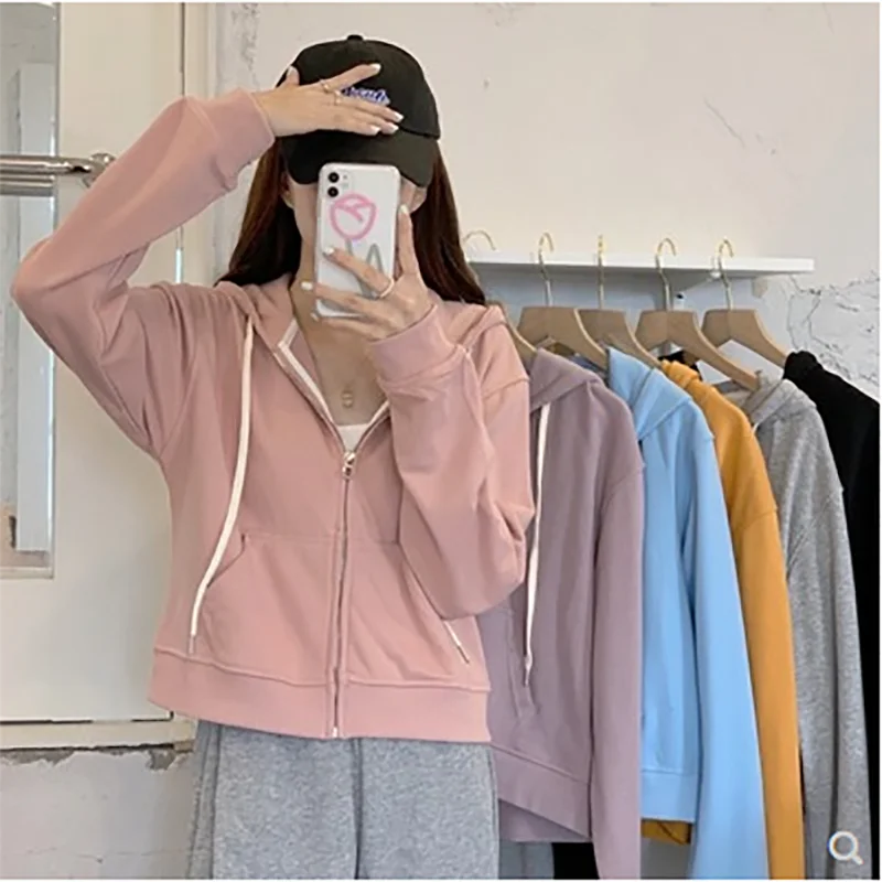 

2021 spring and autumn new solid color loose cardigan short coat thin coat hooded sweater women